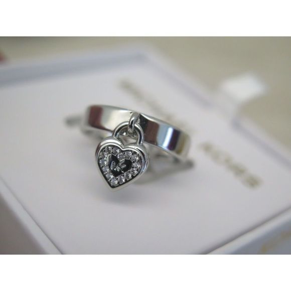 Michael Kors MKJX78890406 Sz 6 Silver-Tone "MK" Dangle Heart & Pave Stone Ring - Picture 13 of 14